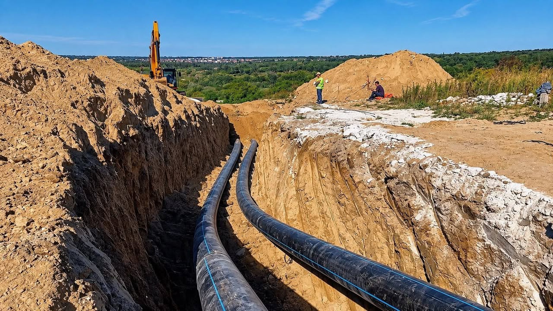 Робітники «Львівводоканалу» монтують поліетиленові труби нового колектора від Винників до очисних споруд Львова — прокладено 2719 метрів