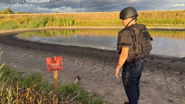 Рятувальники біля берега ставка поблизу села Велике Колодно, де знайшли мінометну міну часів Другої світової