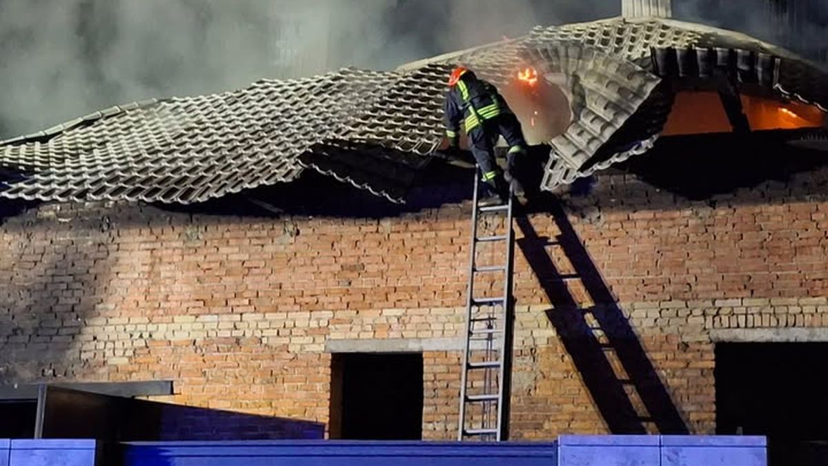 Рятувальники гасять пожежу будівлі в селі Бірки Яворівського району, де всередині перебував електромобіль Ford Mustang MACH-E