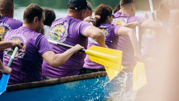 Учасники благодійного турніру Business Dragons Cup 5.0 веслують на човнах на базі в селі Наварія — близько 150 спортсменів від 10 компаній