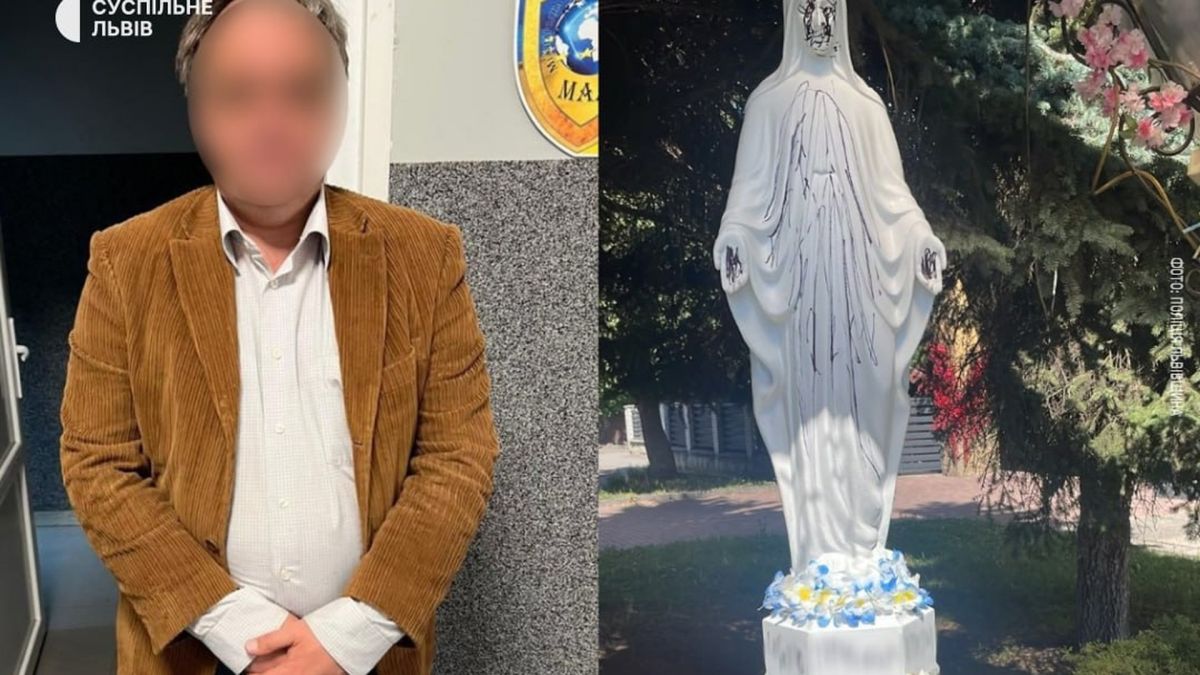 Фігура Діви Марії на вулиці Любінській у Львові, яку 46-річний мешканець розмалював фломастером і поламав квіти