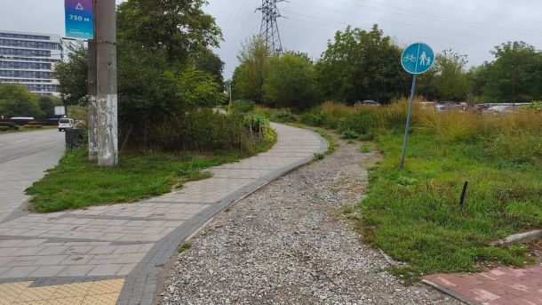 Заросла пішохідна частина та велодоріжка на підйомі з вулиці Чорновола до вулиці Райніса у Львові