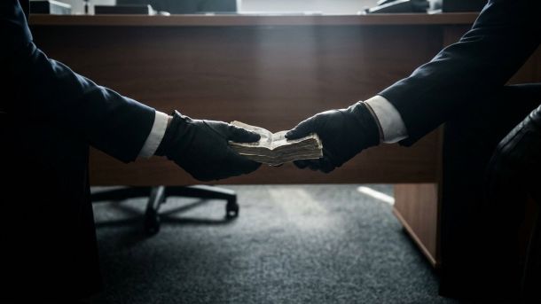 Ілюстративне фото: пачки готівки, документи та печатка на столі — тема корупції та незаконного збагачення посадовця